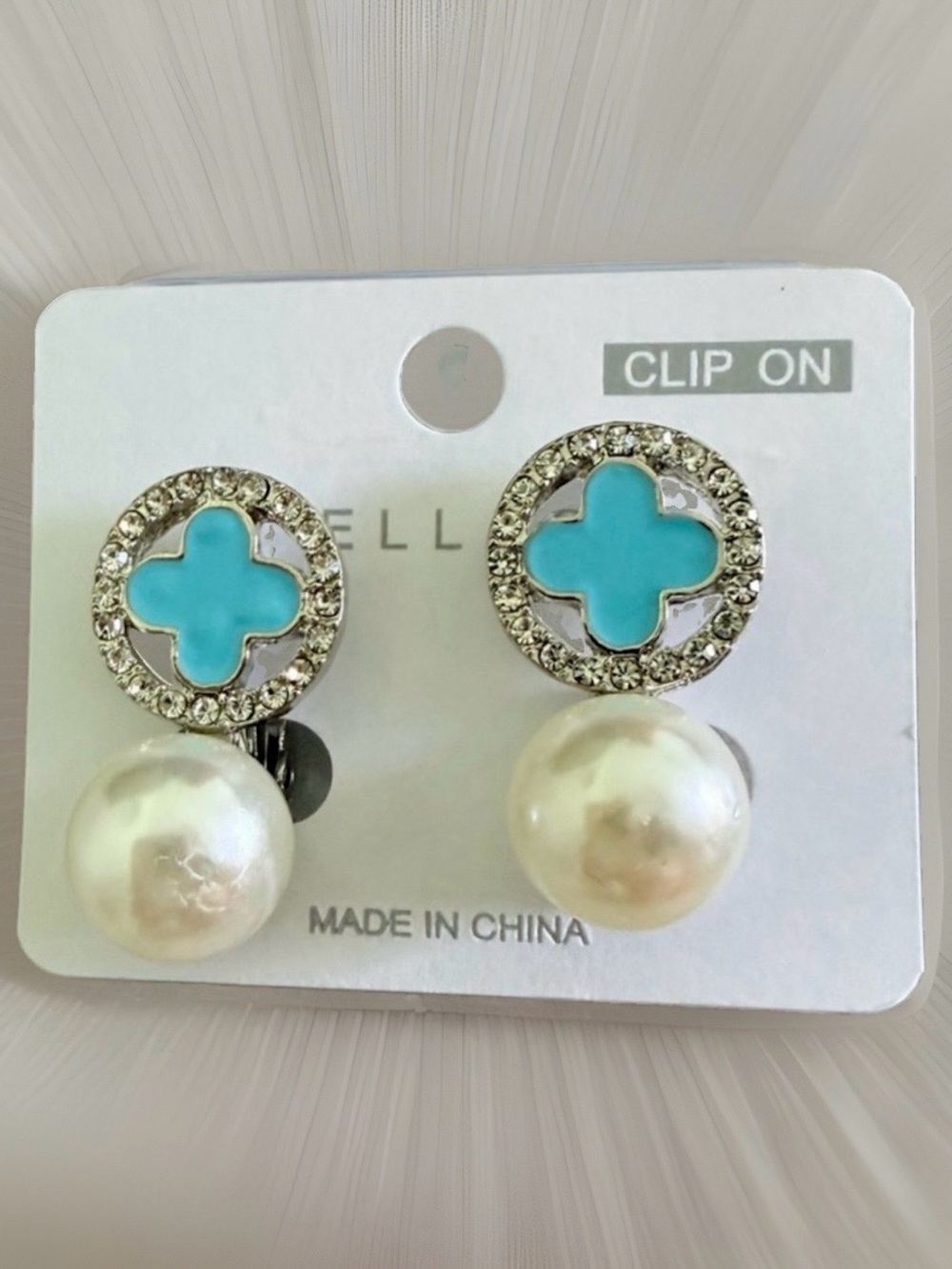 Ella Turquoise Clover Pearl Clip-On Earrings with Crystal Halo